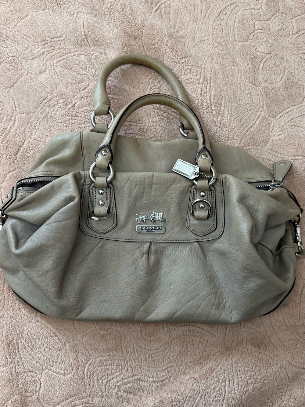Coach Taupe Gray Leather Satchel with Silver Hardware